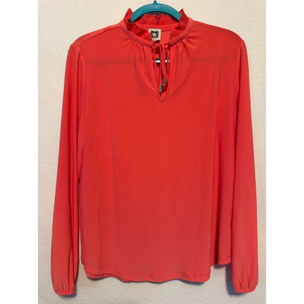 Anne Klein Coral Pink Ruffle Mock Neck Keyhole Tie Blouse Long Sleeve Medium